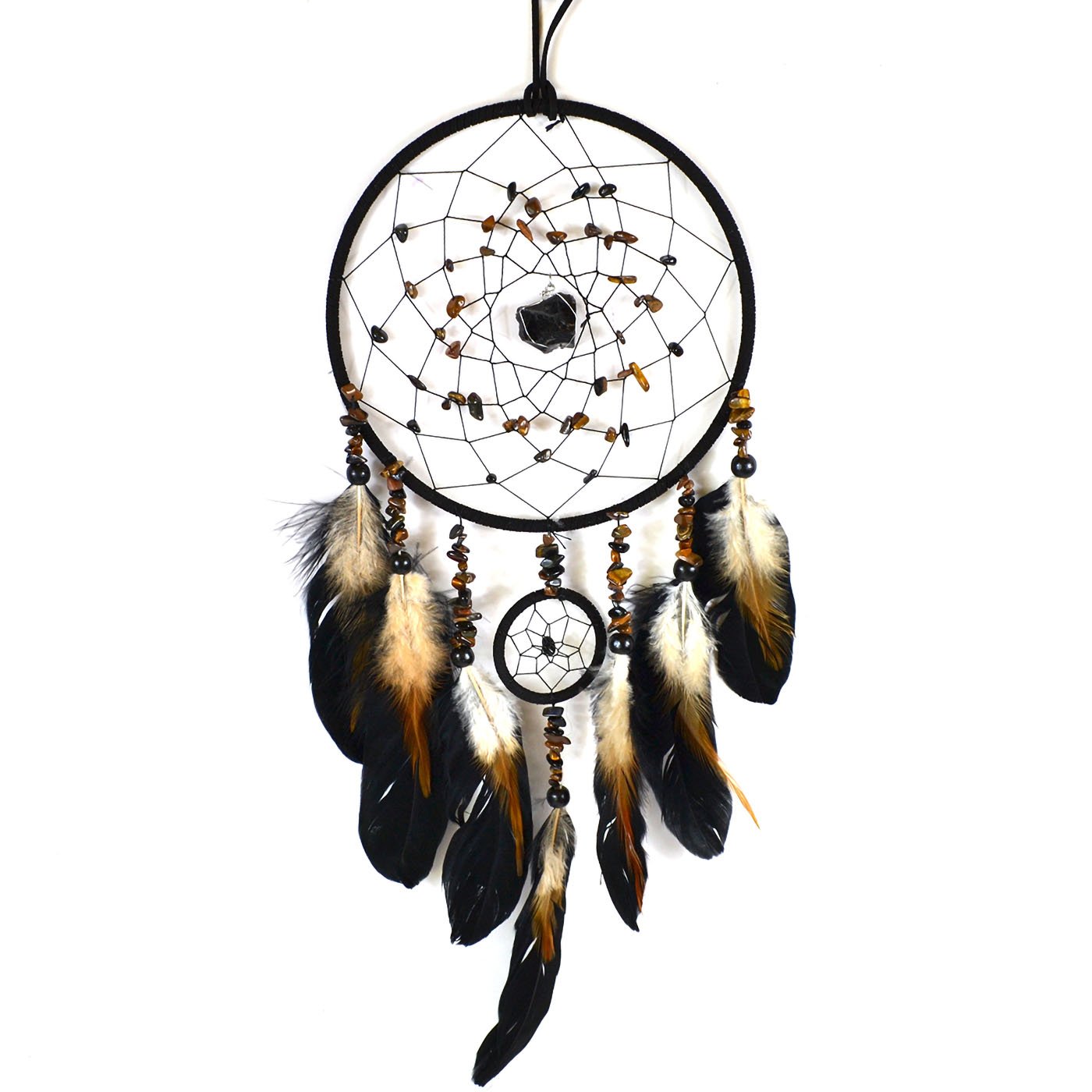 6 3/4" x 22" Black Obsidian & Tiger Eye dream catcher (image for) 6 3/4" x 22" Black Obsidian & Tiger Eye dream catcher